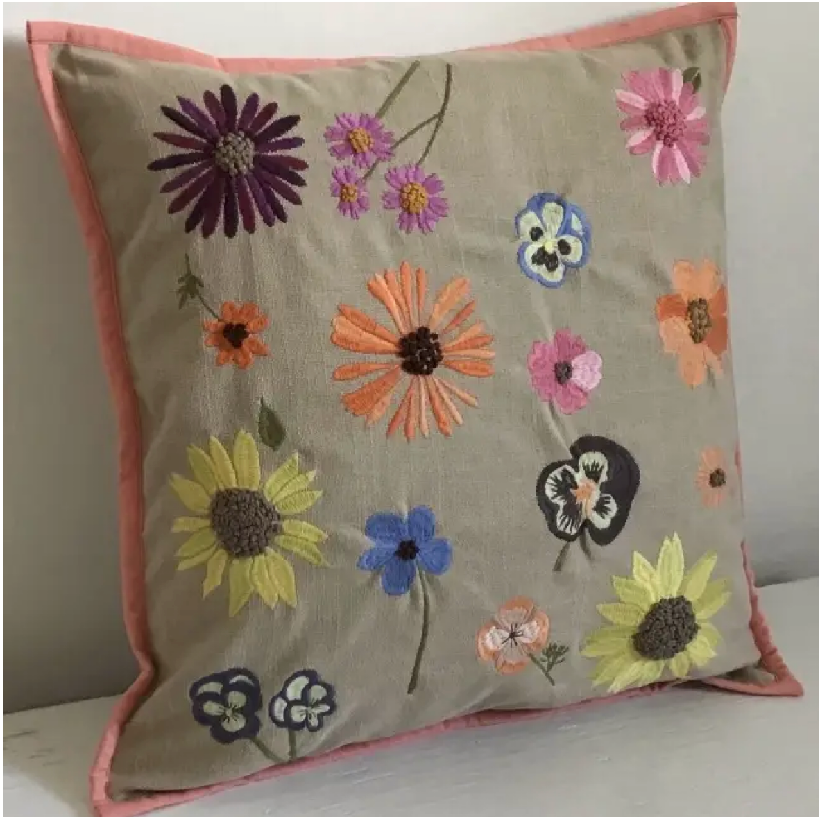 Pressed Flower Tan Linen Throw Pillow