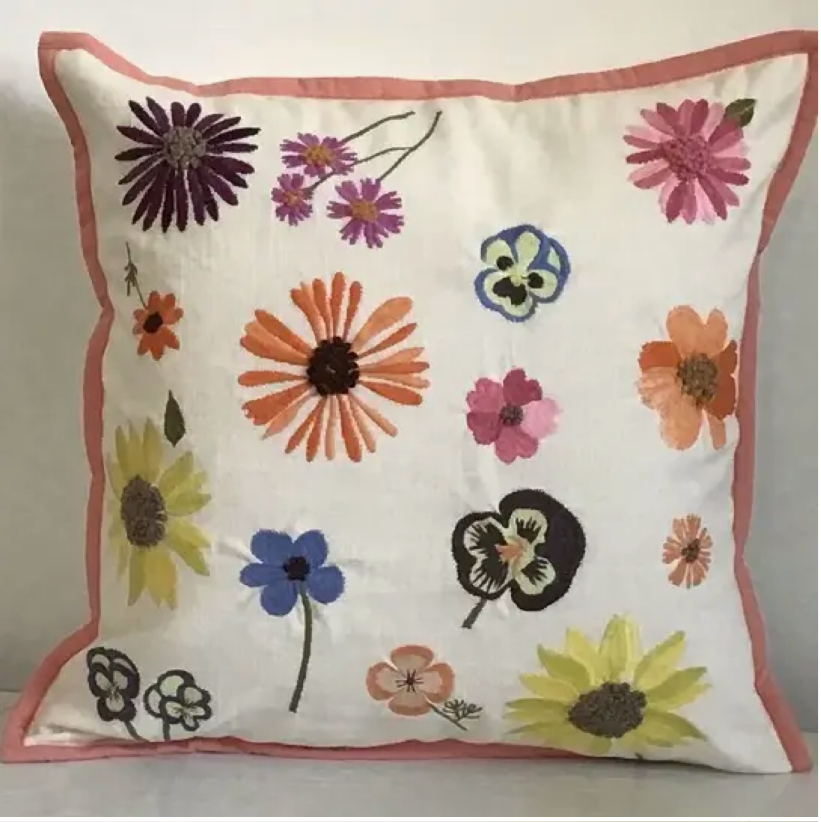 Pressed Flower Cream Linen Throw Pillow